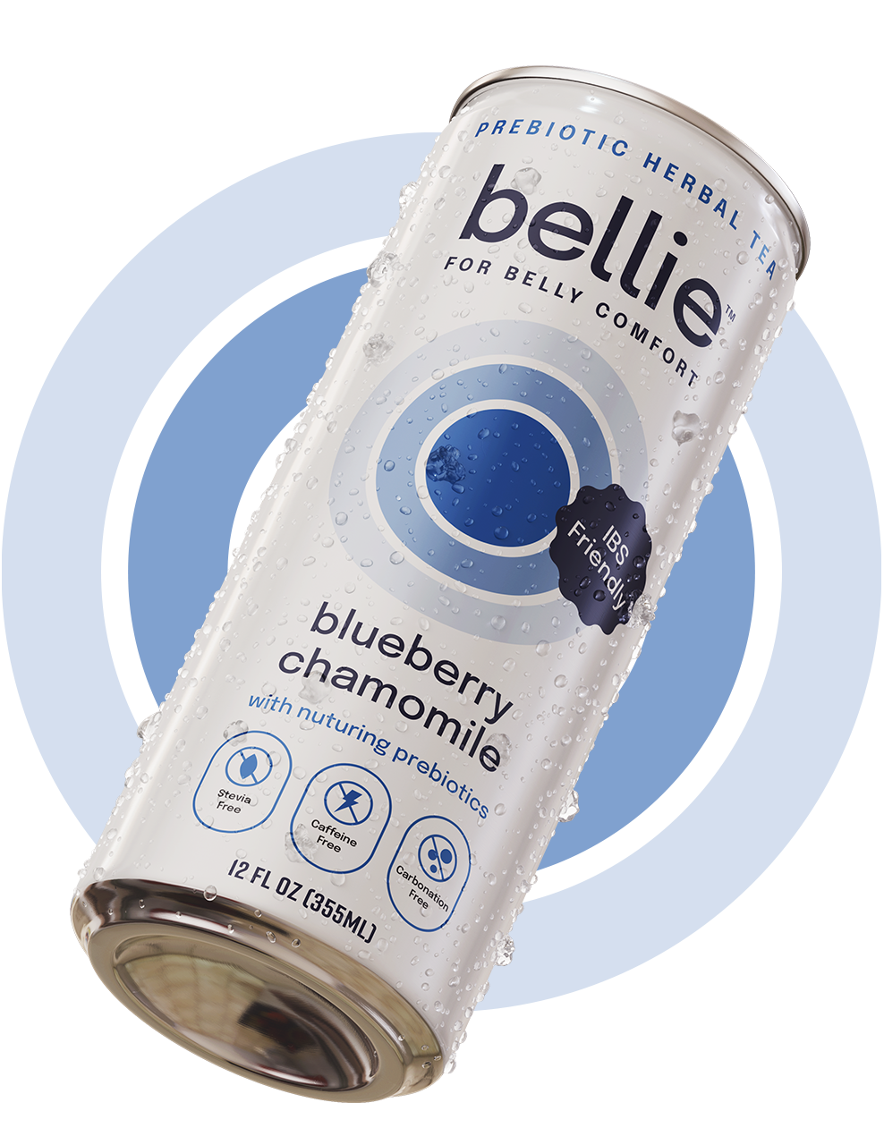 bellie prebiotic herbal tea in blueberry-chamomile flavor, designed to improve gut health with its IBS-friendly formulation