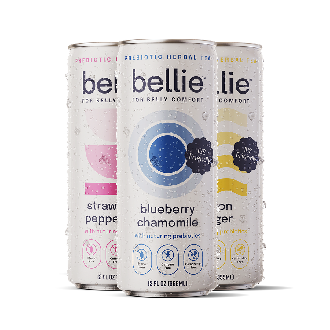 bellie prebiotic herbal tea gut-healthy variety pack, with blueberry-chamomile, strawberry-peppermint, and ginger-lemon