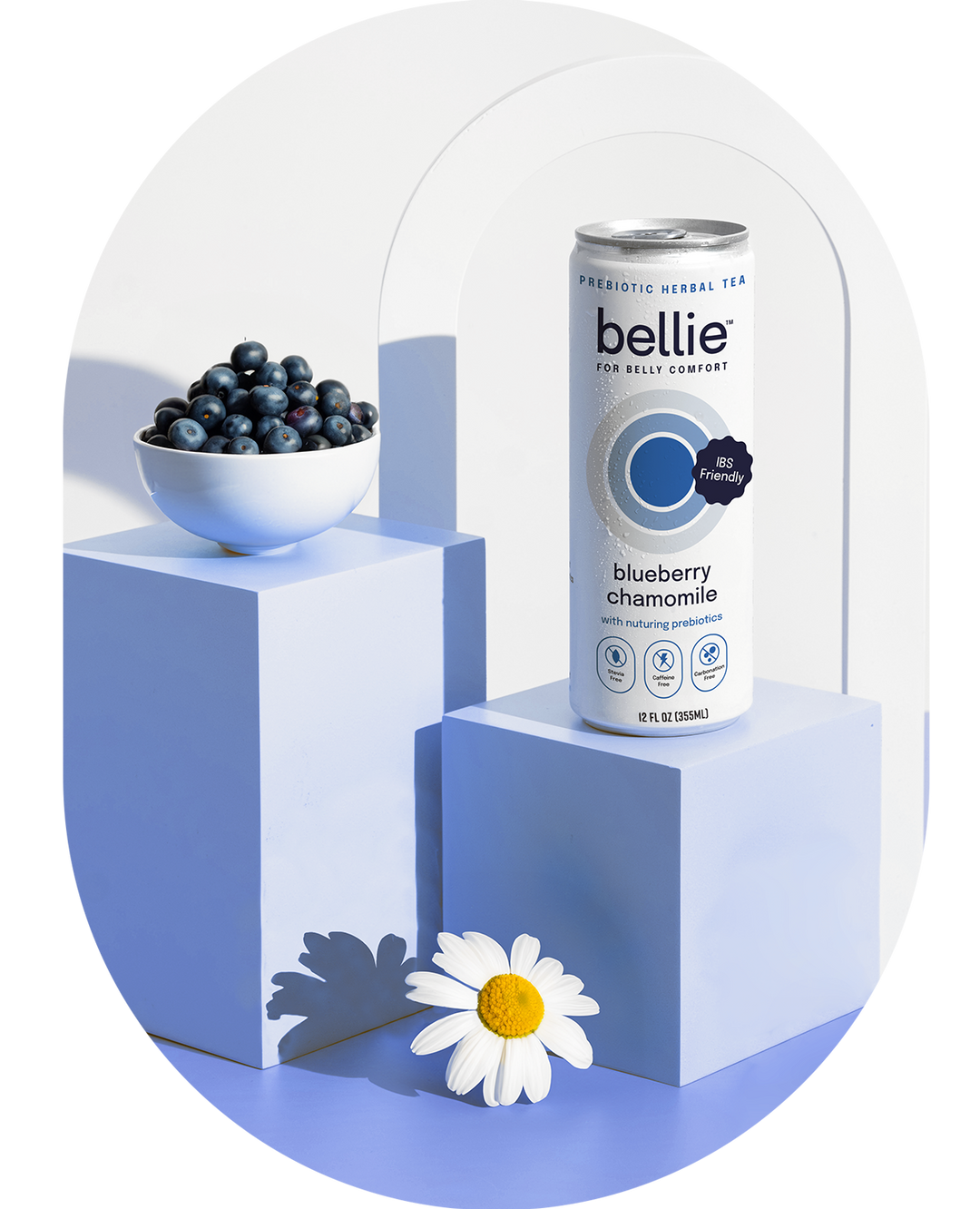 bellie prebiotic herbal tea in blueberry-chamomile flavor, designed to improve gut health with its low-FODMAP formulation