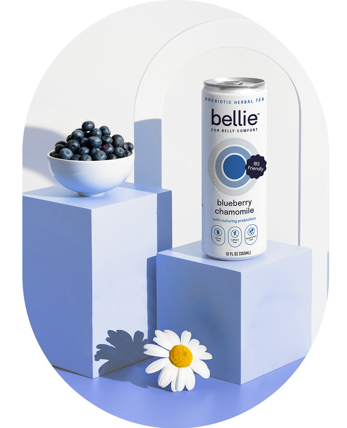 bellie prebiotic herbal tea in blueberry-chamomile flavor, designed to improve gut health with its low-FODMAP formulation