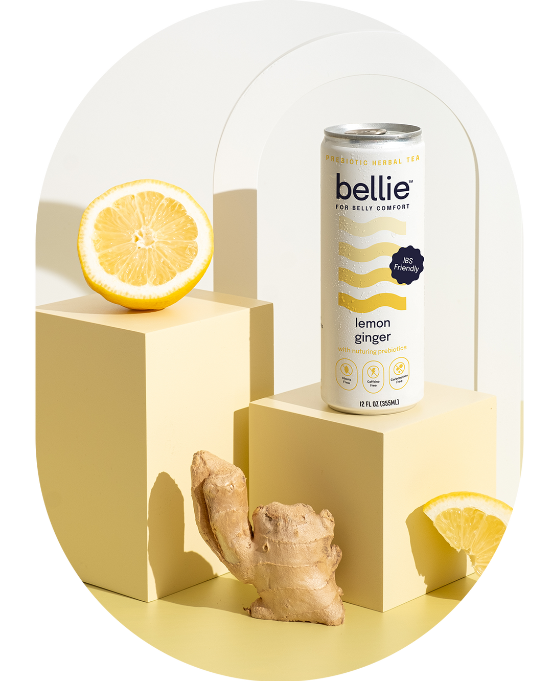 bellie prebiotic herbal tea in ginger-lemon flavor, designed to improve gut health with its low-FODMAP formulation