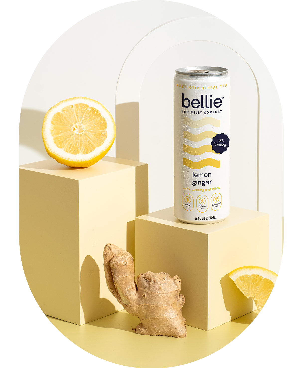 bellie prebiotic herbal tea in ginger-lemon flavor, designed to improve gut health with its low-FODMAP formulation