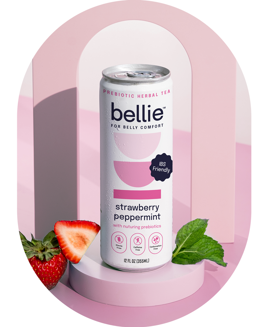 bellie prebiotic herbal tea in strawberry-peppermint flavor, designed to improve gut health with its low-FODMAP formulation