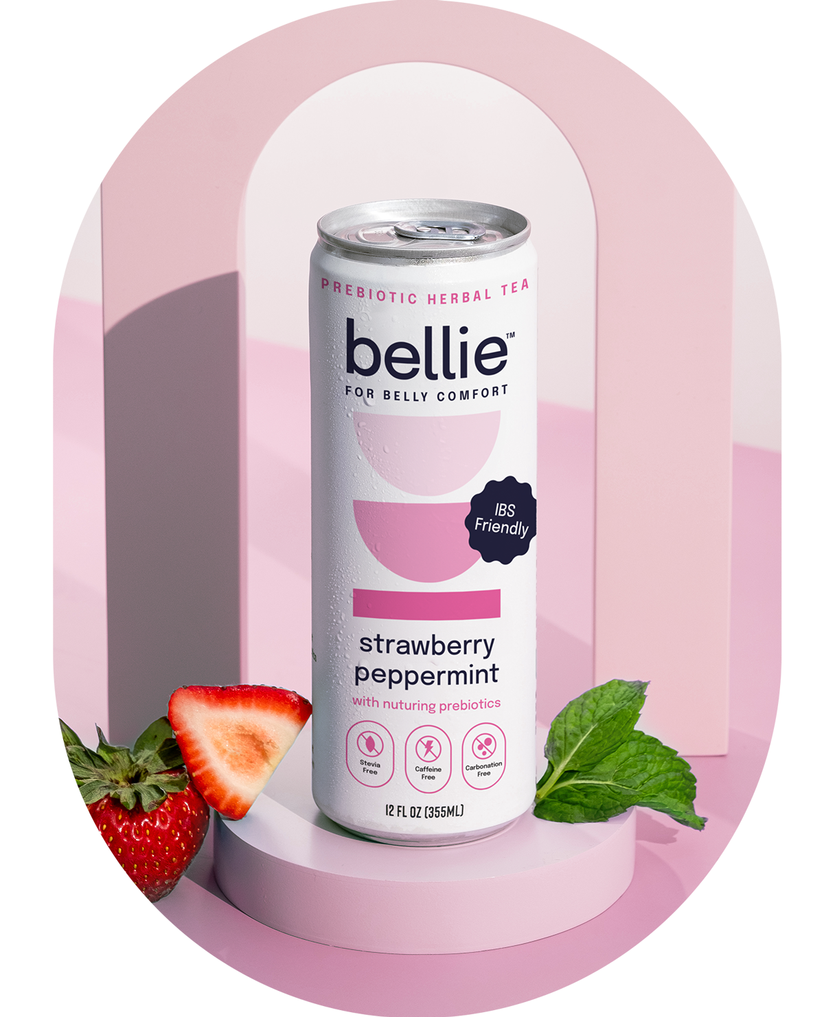 bellie prebiotic herbal tea in strawberry-peppermint flavor, designed to improve gut health with its low-FODMAP formulation